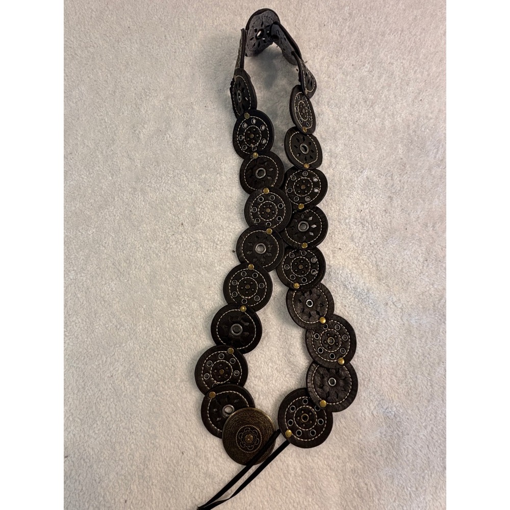 Boho Brown Leather Medallion Belt Brass Studded Cutout Ribbon‎ Tie Western